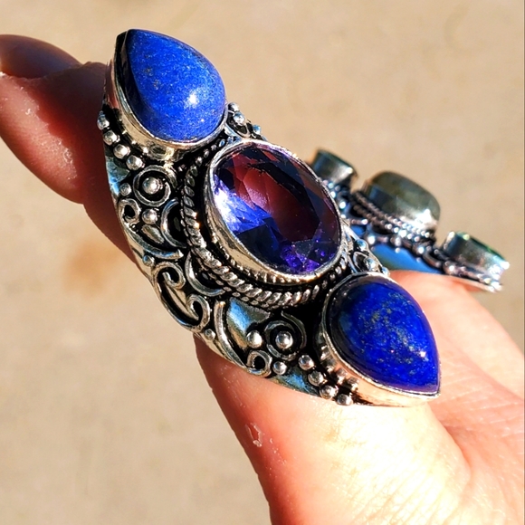 New Amethyst and Lapis Lazuli 925 Silver Statement Ring. - Picture 8 of 16